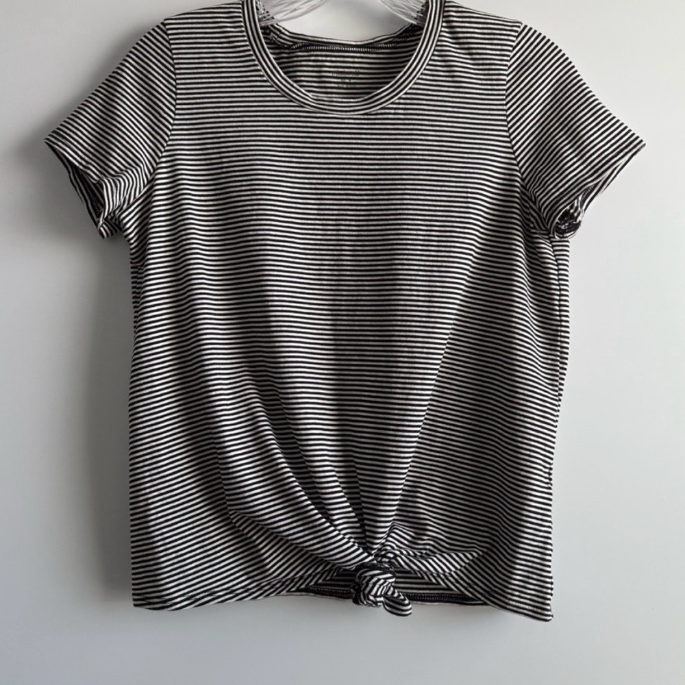 Madewell Black & White Striped Short Sleeve Tie-Front Tee